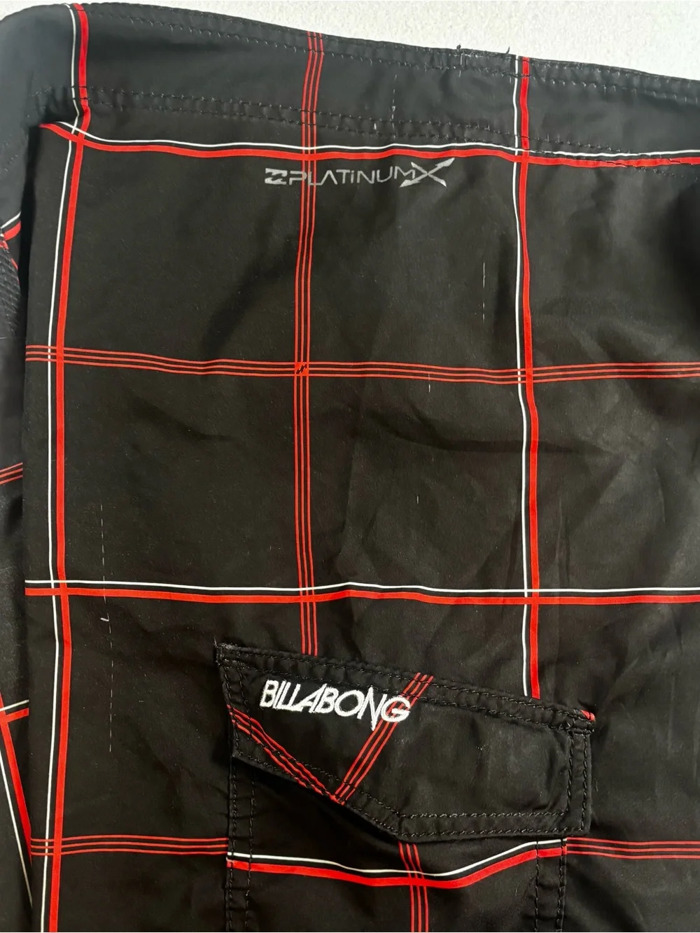 Billabong Y2K Black Swim Board Shorts with Red Grid Vintage
